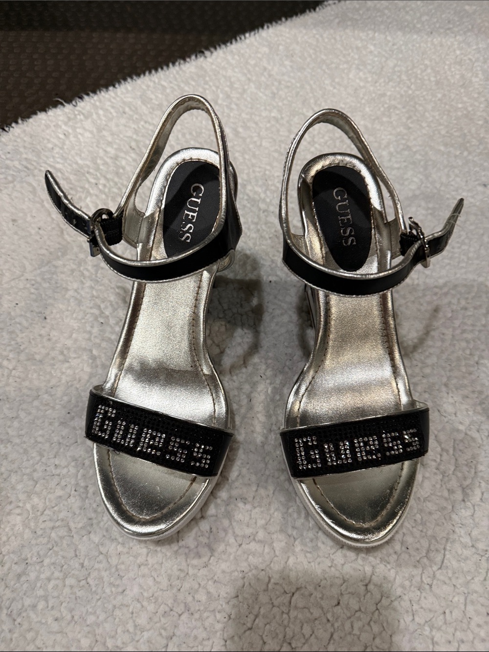 GUESS Black and Silver Crystal Logo Slingback Heels